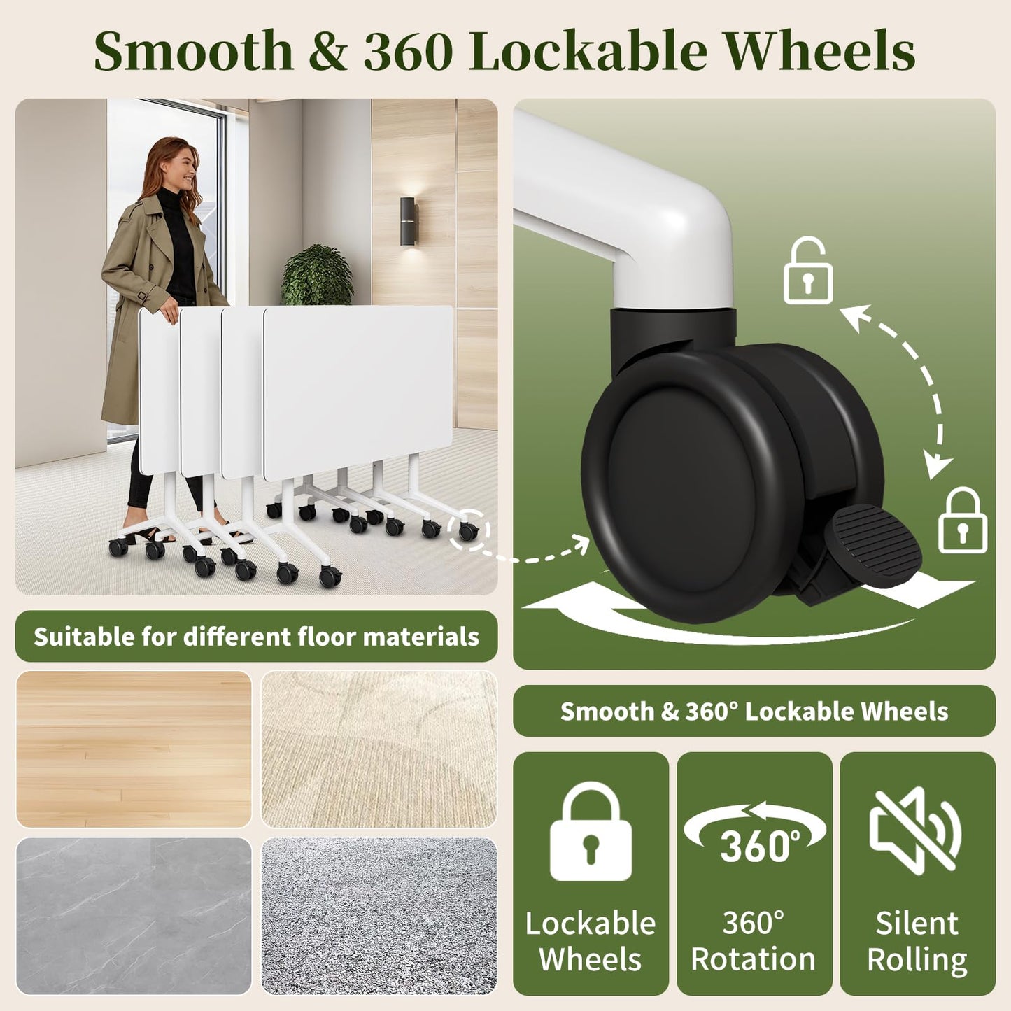 Modular Folding Conference Table with Wheels,2 Pack Mobile Conference Room Tables,Filp Top Rolling Meeting Training Tables for Office,Classroom,Library,Seminar,Boardroom,school(2pack,White,47in)