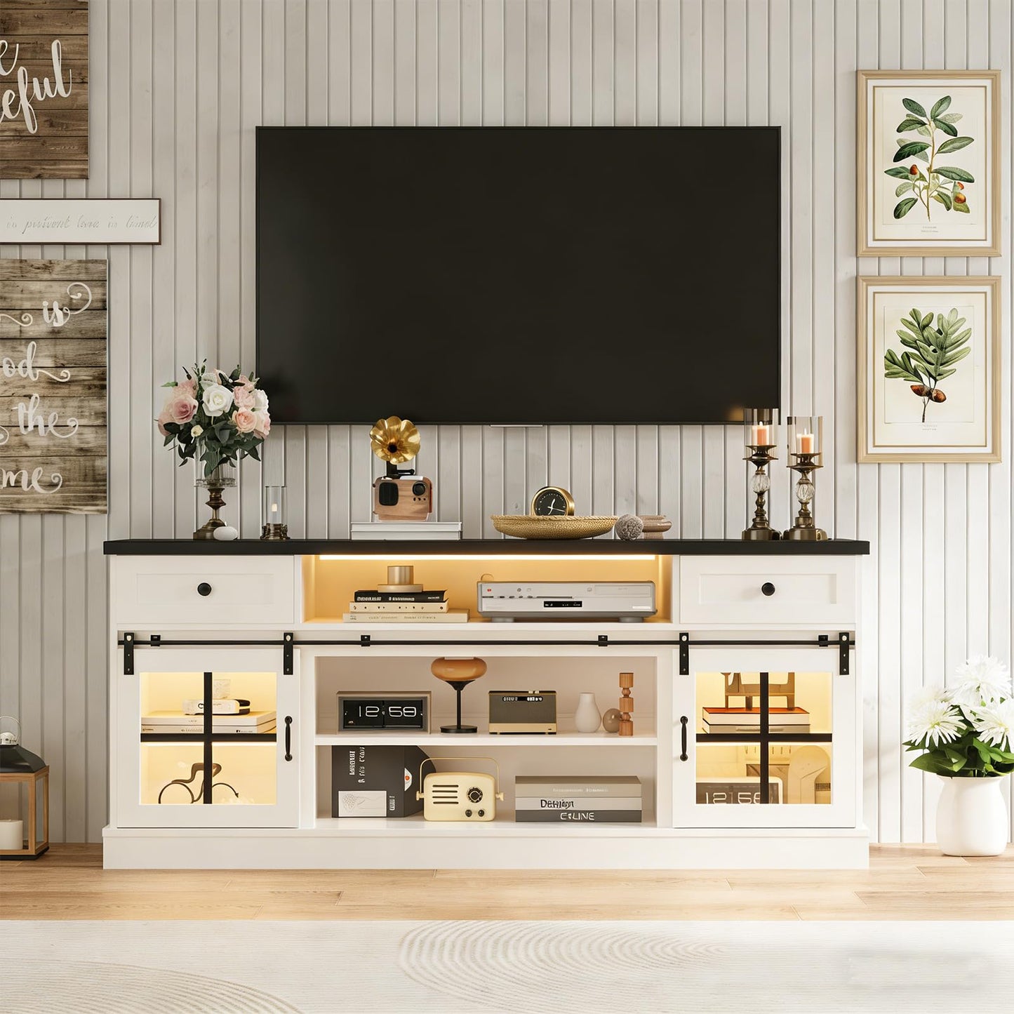 Garvee Farmhouse TV Stand for 80" TVs, Media Console Table with 2 Drawers, Power Outlets, Led Light, Barn Doors, Entertainment Center with Adjustable Shelves for Home Office, 66" w, White+Black Top