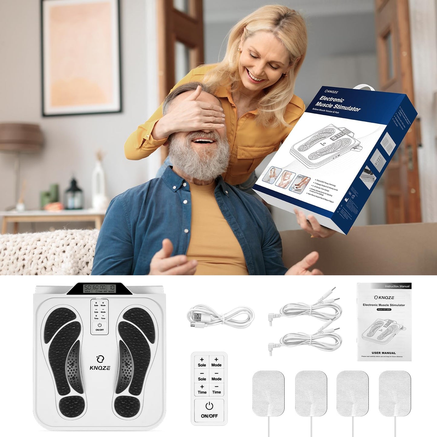 KNQZE Foot Massager for Neuropathy, Rechargeable TENS EMS Foot Nerve Circulation Stimulator with 10 Modes 50 Intensities, 4 Body Pads, Relieve Cramps, Plantar Fasciitis, Gifts for Mom Dad