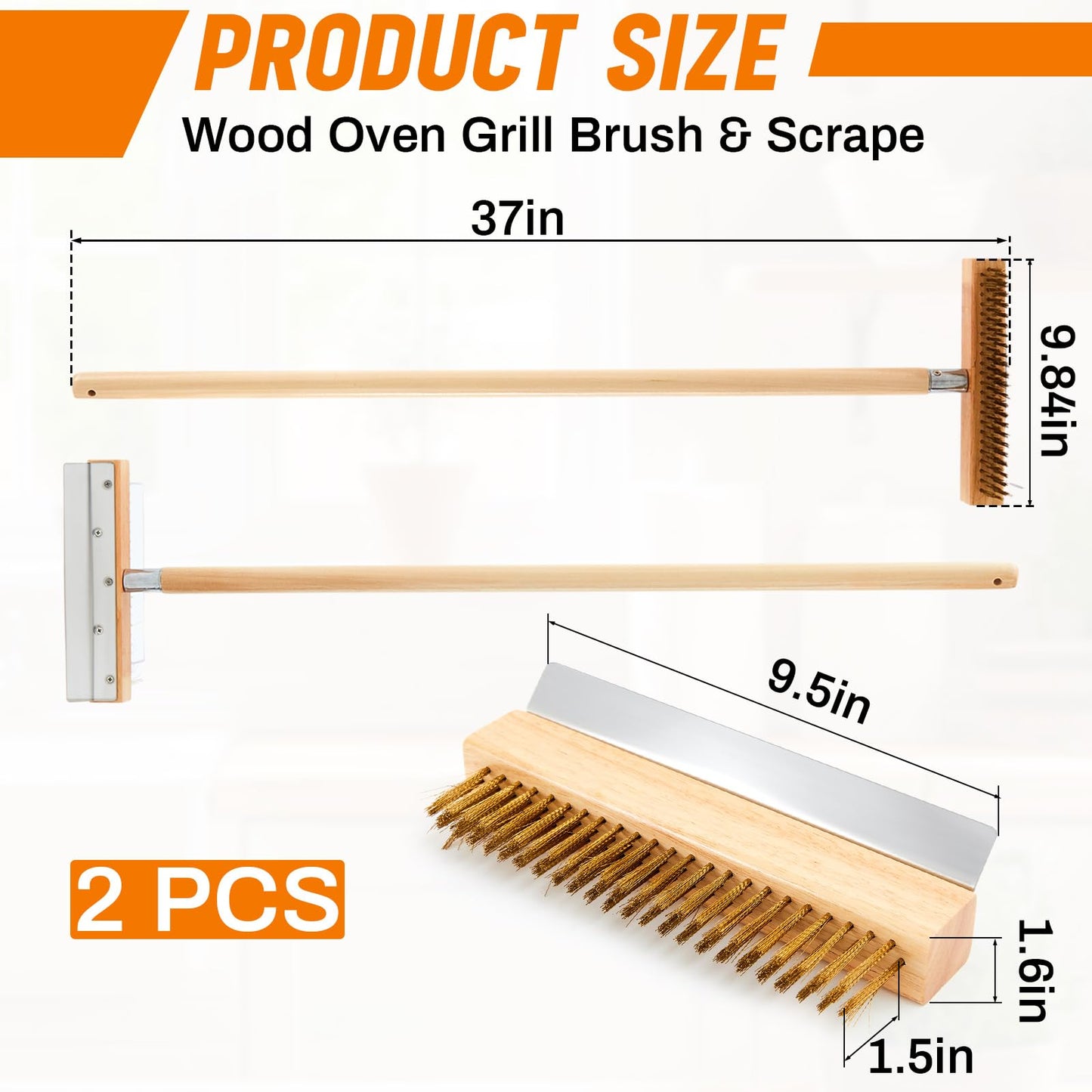 Reallnaive 2 Pack 37 Inch Wood Handle Pizza Oven Brush with Scraper Outdoor Pizza Oven Cleaning Brush Tool, Aluminum Threaded Tip, Brass Bristles with Steel Scraper