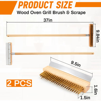 Reallnaive 2 Pack 37 Inch Wood Handle Pizza Oven Brush with Scraper Outdoor Pizza Oven Cleaning Brush Tool, Aluminum Threaded Tip, Brass Bristles with Steel Scraper