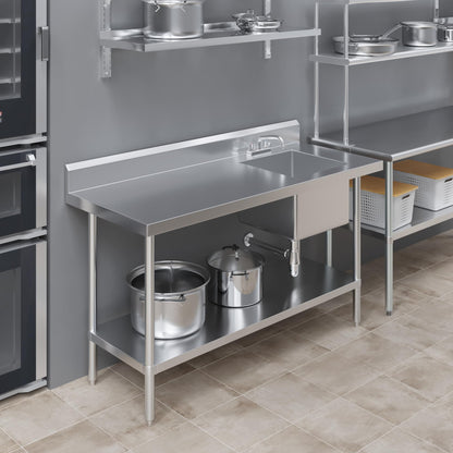 60 Inch Stainless Steel Work Table with Sink, 24 in. x 60 in. Commercial Prep Table with Right Side Sink, Faucet & Undershelf, Heavy Duty Kitchen Utility Workstation, NSF