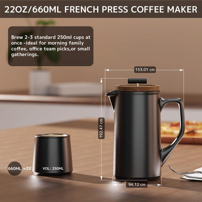 DHPO Ceramic French Press Coffee Maker, 22oz Single Serve Coffee Press with Walnut Wood Lid, Lead-Free, Food Grade Stainless Steel Filter with Dual Screen for Coffee and Loose Tea, Black
