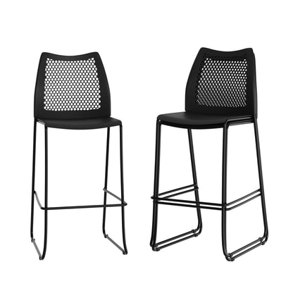 Flash Furniture Hercules Stacking Bar Height Stool with Vented Backrest and Black Powder Coated Steel Sled Base with Integrated Footrest, Commercial Portable Stool, Set of 3, Black
