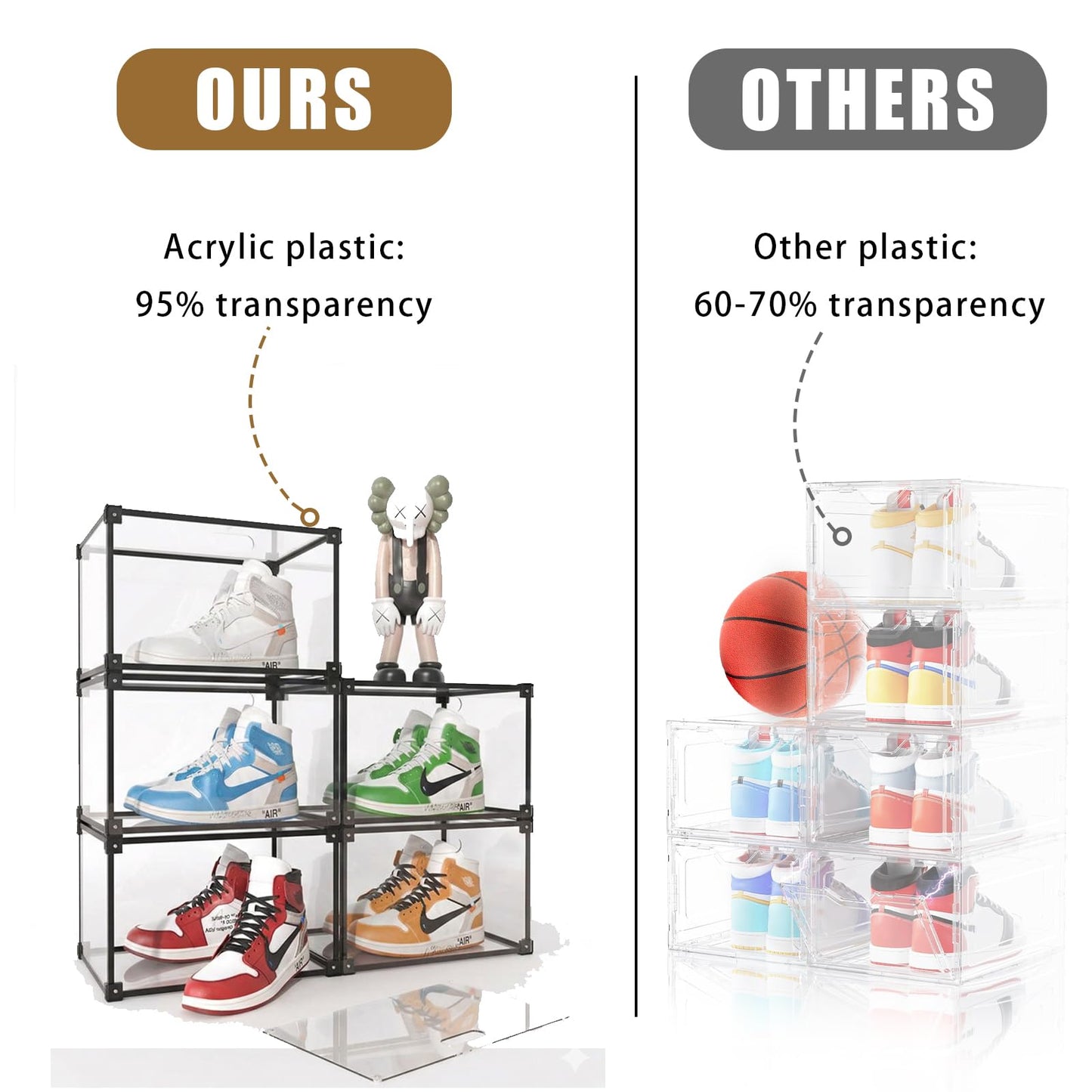 KOKOIN Transparent Plastic Storage Clear Shoe Display Case Box Organizer - Magnetic Side Open, 16PC (Black)