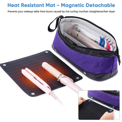 Large Hair Tools Travel Bag with Iron Mat - 2in1 Hair Tools Organizer for Hair Dryer Brush, Flat Irons, Straighteners, Curling Irons, Hair Bag, Makeup Bag, Cosmetic Bag for Travel Essentials