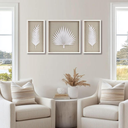 Madison Park Sabal Floral Wall Art - Handmade Canvas Palm Natural Rice Paper Shadow -Box Set, Glass, Wood Frame, Linen Base, Botanical Modern Room Decor for Hallway, Bedroom Accent, Off White 3 Piece