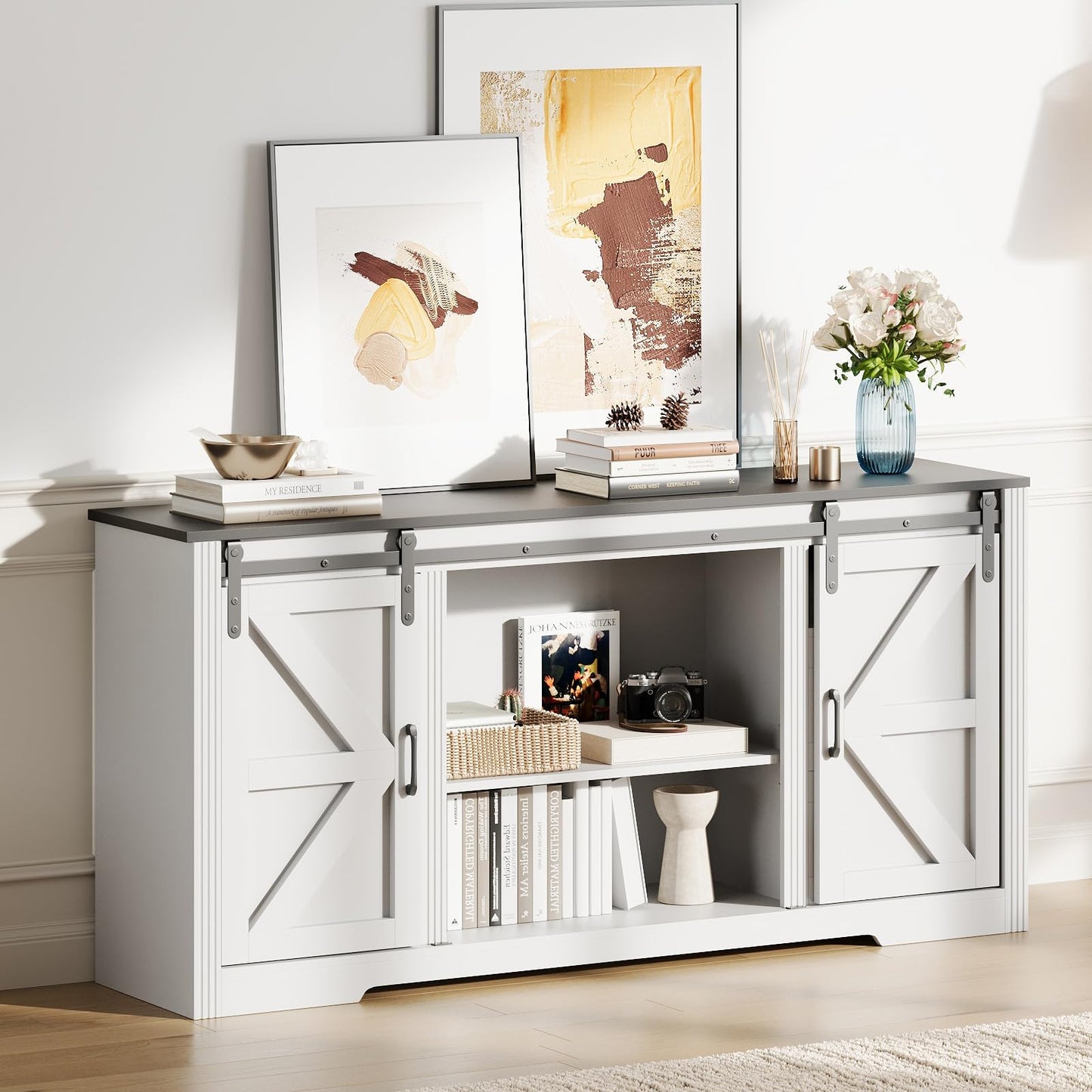 GarveeHome Farmhouse TV Stand for Up to 70 Inch TVs, 66" Entertainment Center w/4 Drawers & Sliding Barn Door, Media Console w/Storage Shelves, Wood Television Stand for Living Room- White