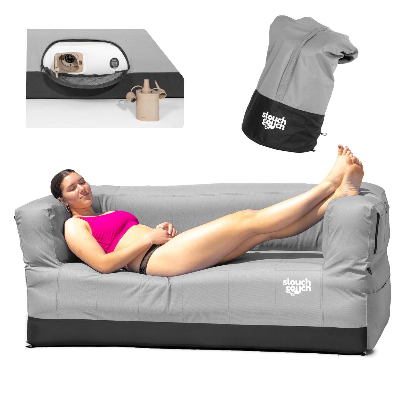 Slouch Couch | Air Sofa with Built-in Pump, Hidden Cup Holders, Storage Pockets | Durable Blow Up Couch with High-Performance Fabric for Camping, Beach, Home & Outdoors (Harbor Gray)