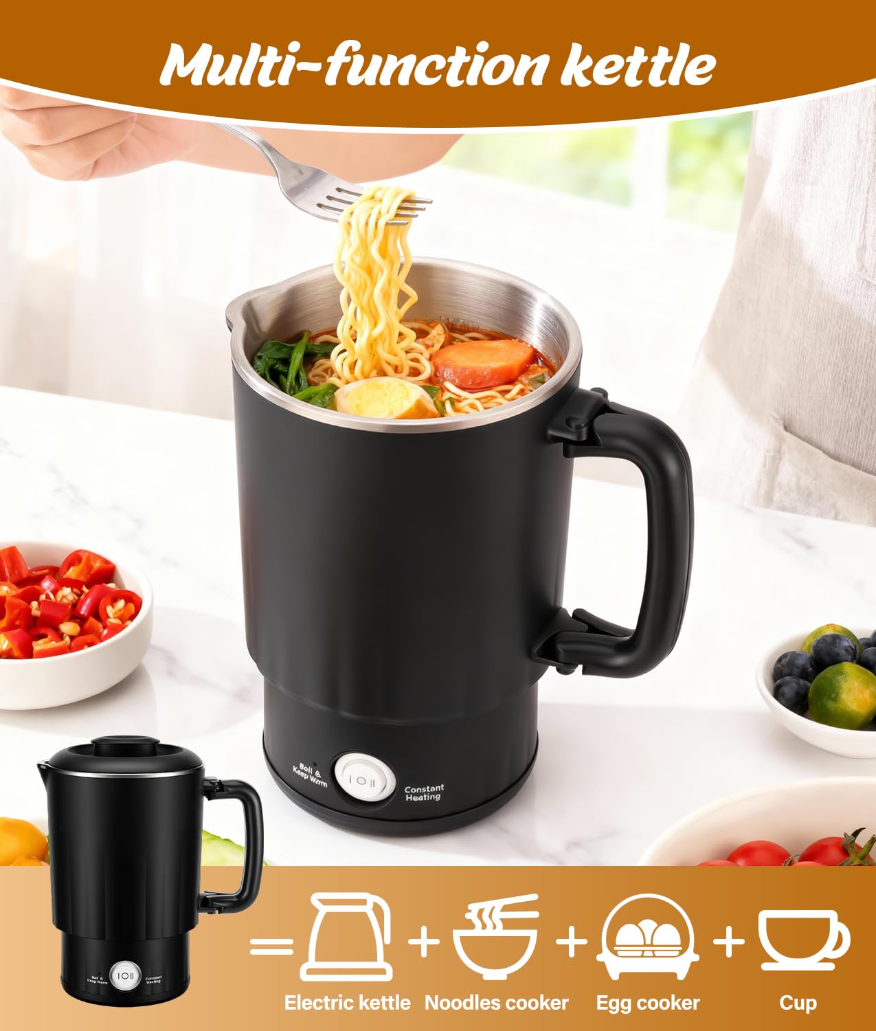 Portable Travel Electric Kettle, 600ML Small Water Kettle with Ceramic Cup, 304 Stainless Steel Water Boiler with Dual Power Control, Compact Design for Camping, RV, Business Trip & Hotel Stays, Black