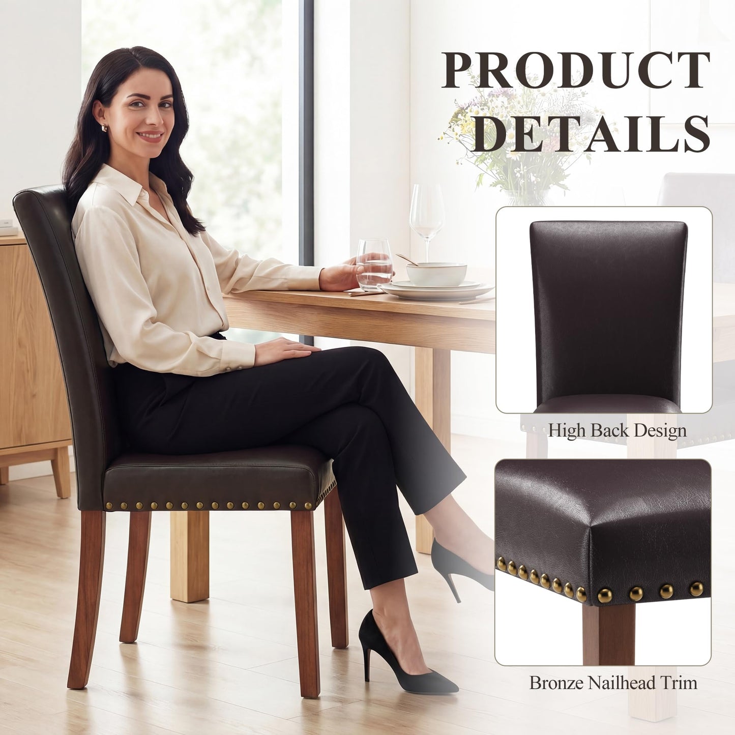 COLAMY Upholstered Parsons Dining Chairs Set of 4, PU Leather Dining Room Kitchen Side Chair with Nailhead Trim and Wood Legs - Dark Brown