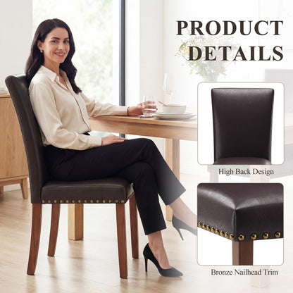 COLAMY Upholstered Parsons Dining Chairs Set of 4, PU Leather Dining Room Kitchen Side Chair with Nailhead Trim and Wood Legs - Dark Brown
