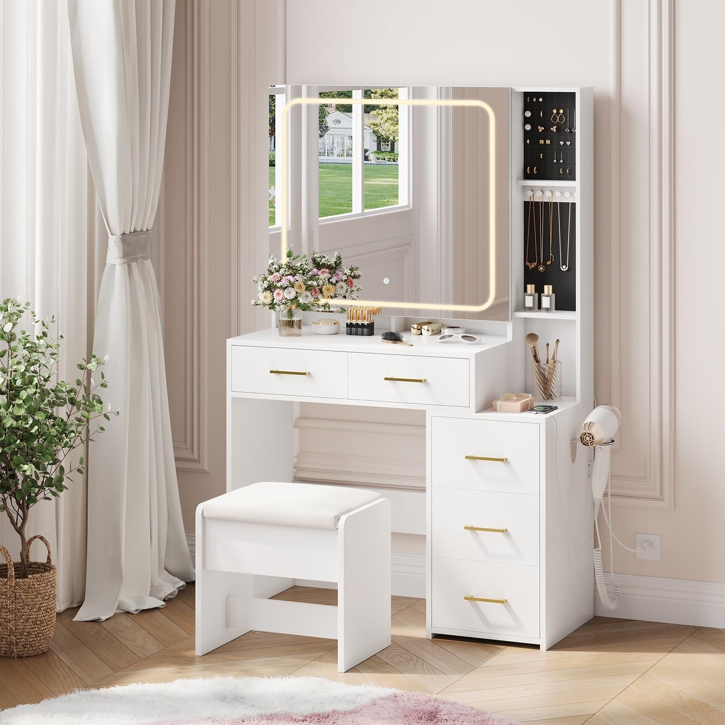 IDEALHOUSE Vanity Desk with Mirror and Lights, Makeup Vanity Set with Drawers & Chair, 3 Light Mode and Brightness Adjusted & Power Outlet, Dressing Table with Hairdryer Holder for Bedroom