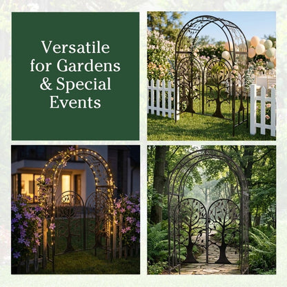 Plow & Hearth Metal Tree of Life Arched Garden Arbor with Gate | 7 feet Tall Laser-Cut Design | Plant Support for Heavy Vines | Landscape Focal Point | Iron Steel