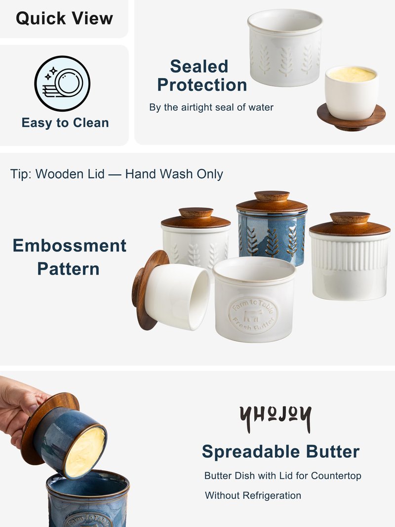 YHOJOY Ceramic Butter Dish With Lid, Butter Crock for Countertop, French Butter Keeper for Spreadable Butter, Elegant Embossed Pattern, Cream White