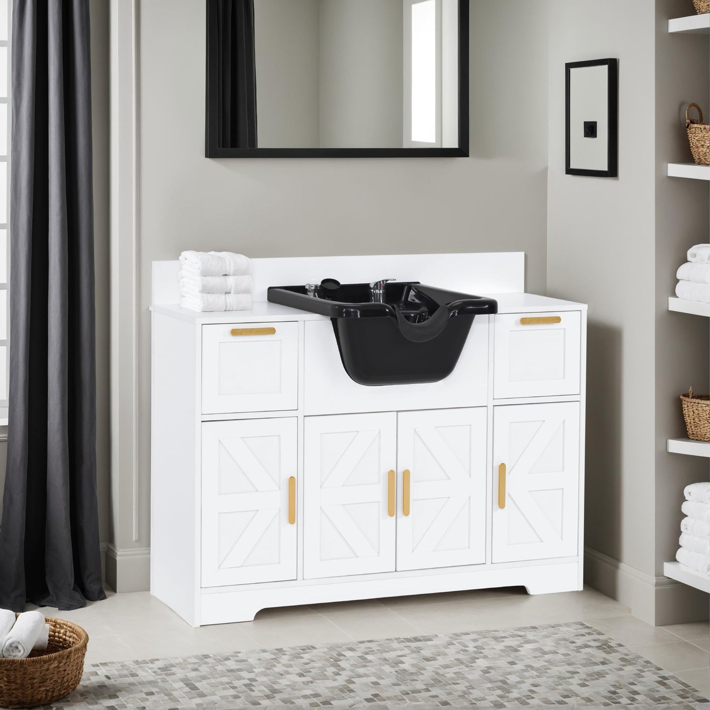 BarberPub Portable Shampoo Station, Shampoo Bowl with Cabinet & Drawer, Salon Geometric Finish Station with Sprayer Faucet, Barber Storage Equipment with Hair Wash Backwash Sink 3439 (White)