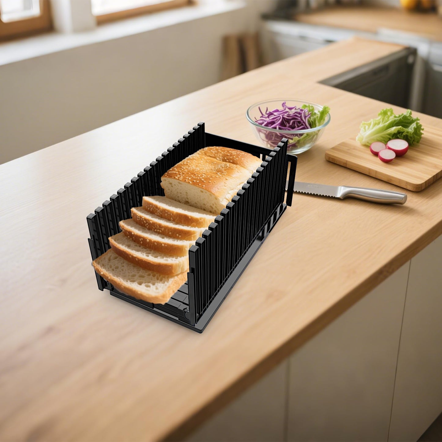 Honbuty Bread Slicer for Homemade Breads, Adjustable Thickness Slicing Guide, Foldable Portable Bread Cutter Suitability for Homemade Breads, Bagel,Cakes - Kitchen Gadget, Baking Tool & Gift(Black)