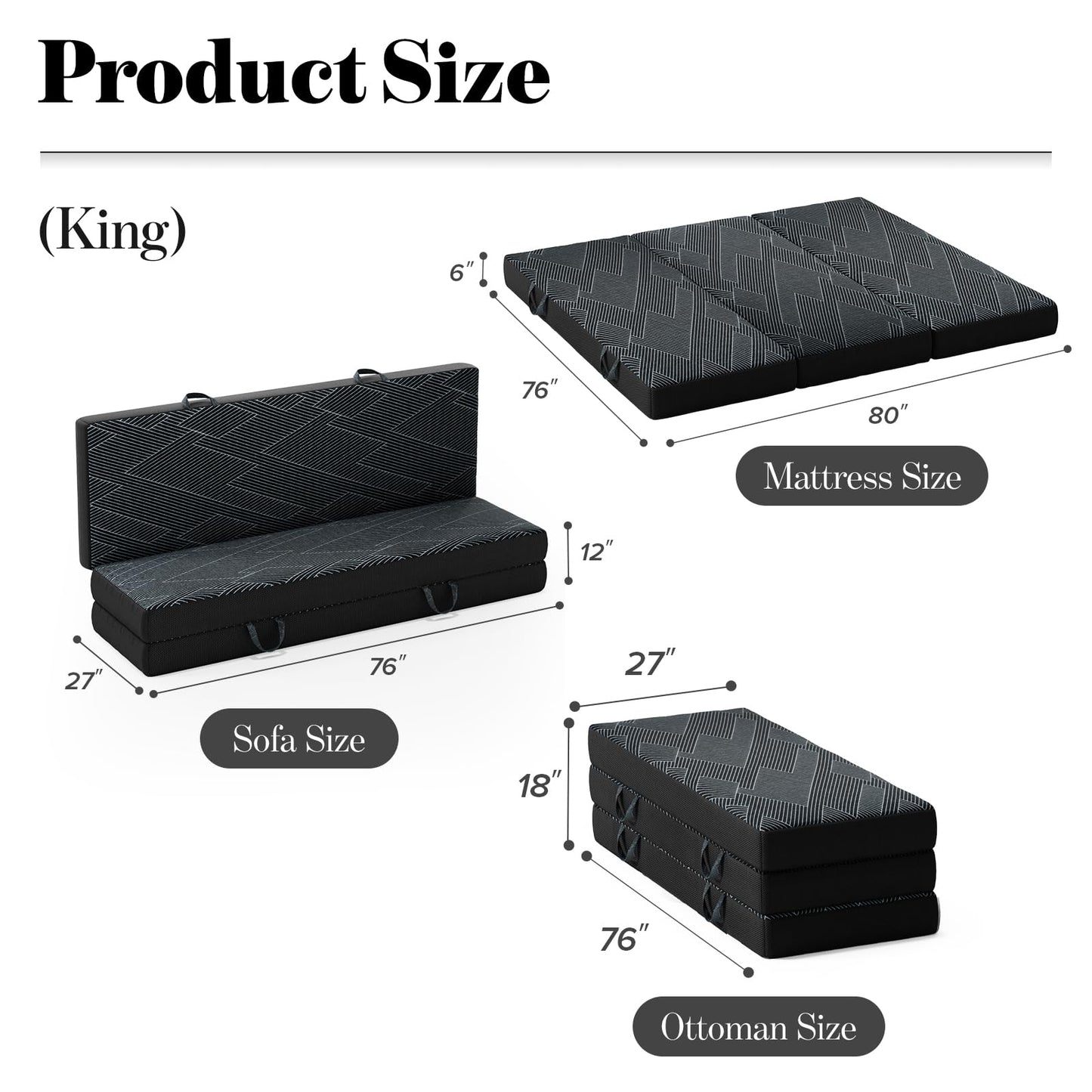 Tri Folding Mattress King Size - Foldable Mattress Trifold Memory Foam Mat with Washable Cover, Handle & Non-Slip Bottom Portable Foldable Floor Sofa Bed for Travel Camping Guest - 6 Inch, 80"x76"x6"