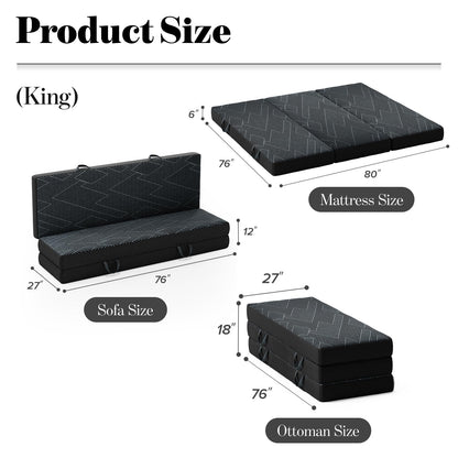 Tri Folding Mattress King Size - Foldable Mattress Trifold Memory Foam Mat with Washable Cover, Handle & Non-Slip Bottom Portable Foldable Floor Sofa Bed for Travel Camping Guest - 6 Inch, 80"x76"x6"