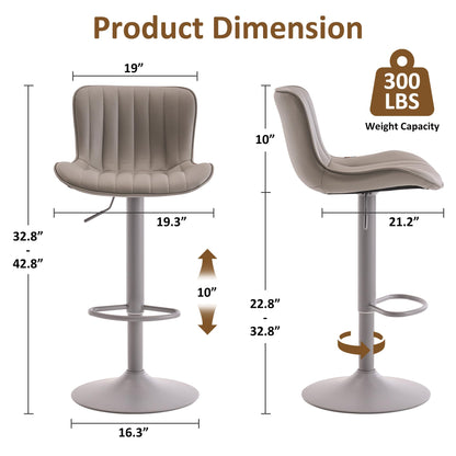 YOUNIKE Grey Bar Stools Set of 2 with Padded Back Adjustable Height Comfy Upholstered Faux Leather Bar Chairs Modern Swivel Kitchen Counter Barstools for Home Breakfast Island