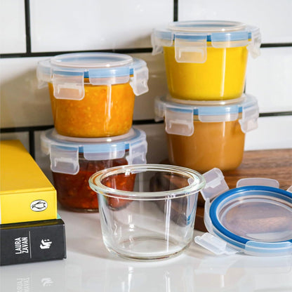 Iyulania Set 6 7 oz of Small Glass Storage Containers, Food Containers with No-Spill Lids, Thick Glass Jars for Meal