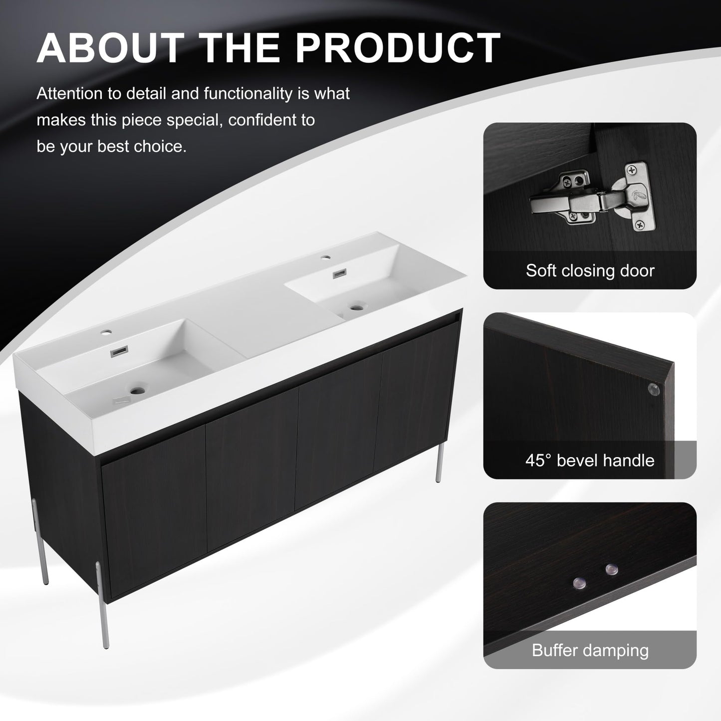 KEIKI 60" Freestanding Bathroom Vanity with Resin Double Sink, Modern Bathroom Storage Cabinet with Soft Closing Doors & Solid Metal Legs, 60 inches Double Sink Bathroom Vanity with 45° Bevel Handle