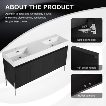 KEIKI 60" Freestanding Bathroom Vanity with Resin Double Sink, Modern Bathroom Storage Cabinet with Soft Closing Doors & Solid Metal Legs, 60 inches Double Sink Bathroom Vanity with 45° Bevel Handle