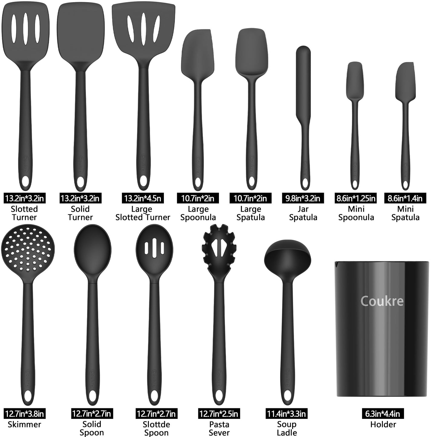 Coukre Silicone Kitchen Cooking Utensils Set with Holder – Heat-Resistant, Food-Grade Kitchen Tools, Spatula, Spoon & Gadgets for Non-Stick Pans, Dishwasher Safe (14, PureBlack)