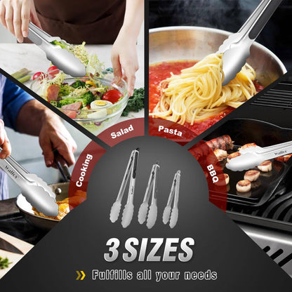 Walfos Stainless Steel Kitchen Tongs for Cooking- 7 ，9 and 12 Inch, Food Grade Metal Tongs for Cooking, BBQ, Set of 3 Heavy Duty Locking Cooking Tongs Non-Slip Grip