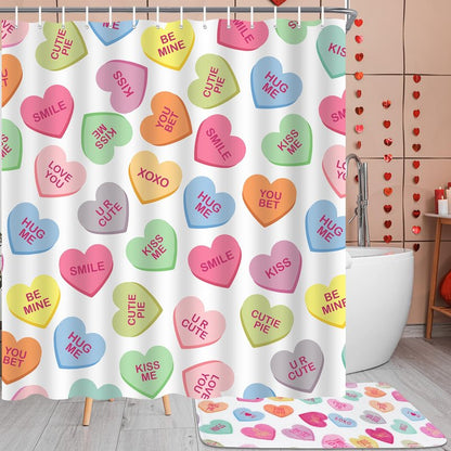 Hauwellter 4 Pcs Valentines Day Shower Curtain Sets, Pastel Heart Valentine Bathroom Set with Shower Curtains and Non Slip Rug Toilet Lid Cover U Shaped Bath Mat, Valentines Day Bathroom Decorations