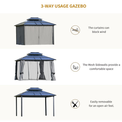 Outsunny 10' x 12' Hardtop Gazebo Canopy with Polycarbonate Roof, Aluminum Frame, Permanent Pavilion Outdoor Gazebo with Netting, for Patio, Garden, Backyard, Deck, Lawn, Light Gray