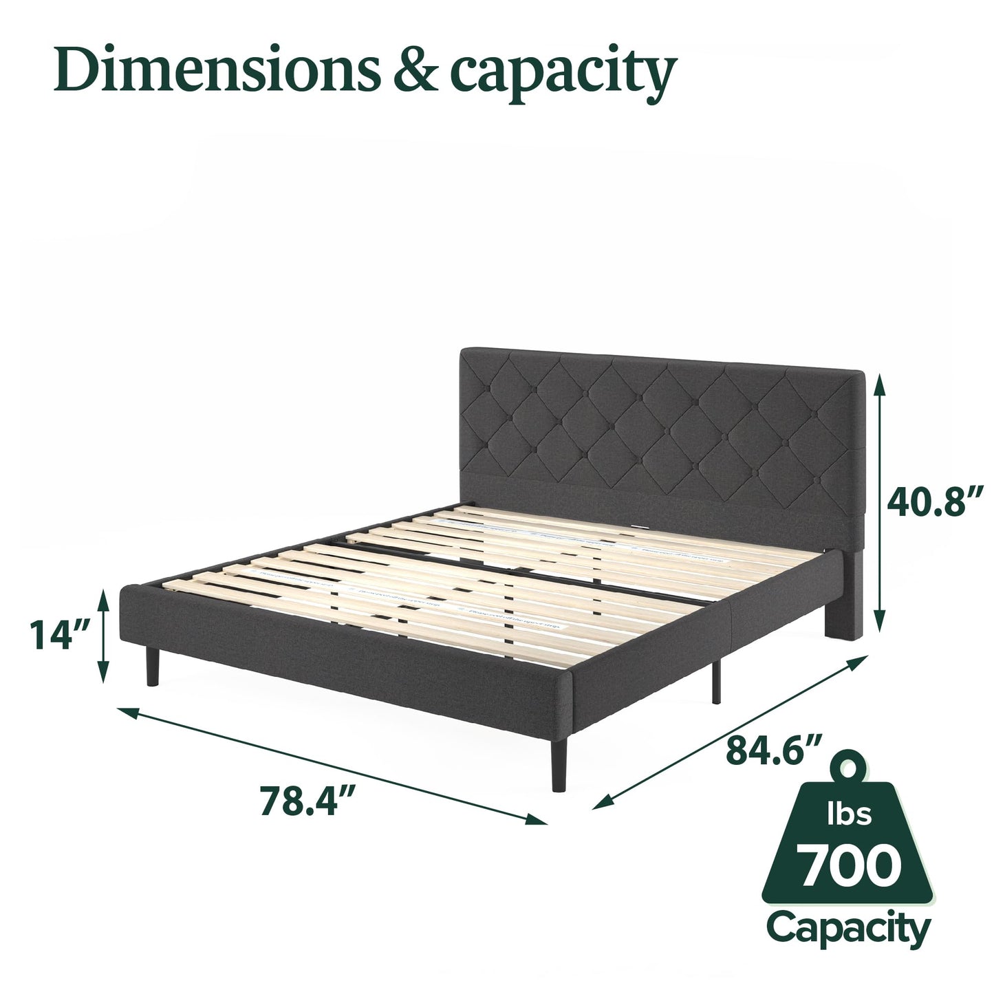 Zinus King Shalini Upholstered Platform Bed Frame with Headboard [New WonderBox(TM) Version], Wooden Slat Support, No Box Spring Needed, Easy Assembly, Eco Friendly Packaging, Dark Grey