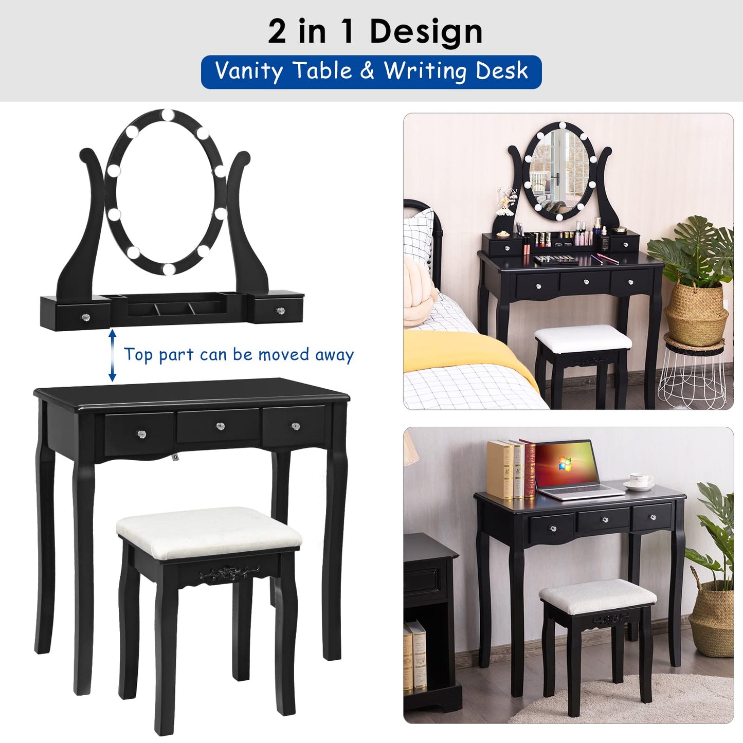 LDAILY Vanity Set with 10 Dimmable LED Bulbs, Vanity Desk with Rotating Lighted Mirror, Cushioned Stool & 5 Drawers, Modern Easy Assembly Bedroom Dressing Table for Girls Women (Black)