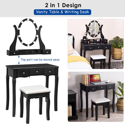 LDAILY Vanity Set with 10 Dimmable LED Bulbs, Vanity Desk with Rotating Lighted Mirror, Cushioned Stool & 5 Drawers, Modern Easy Assembly Bedroom Dressing Table for Girls Women (Black)