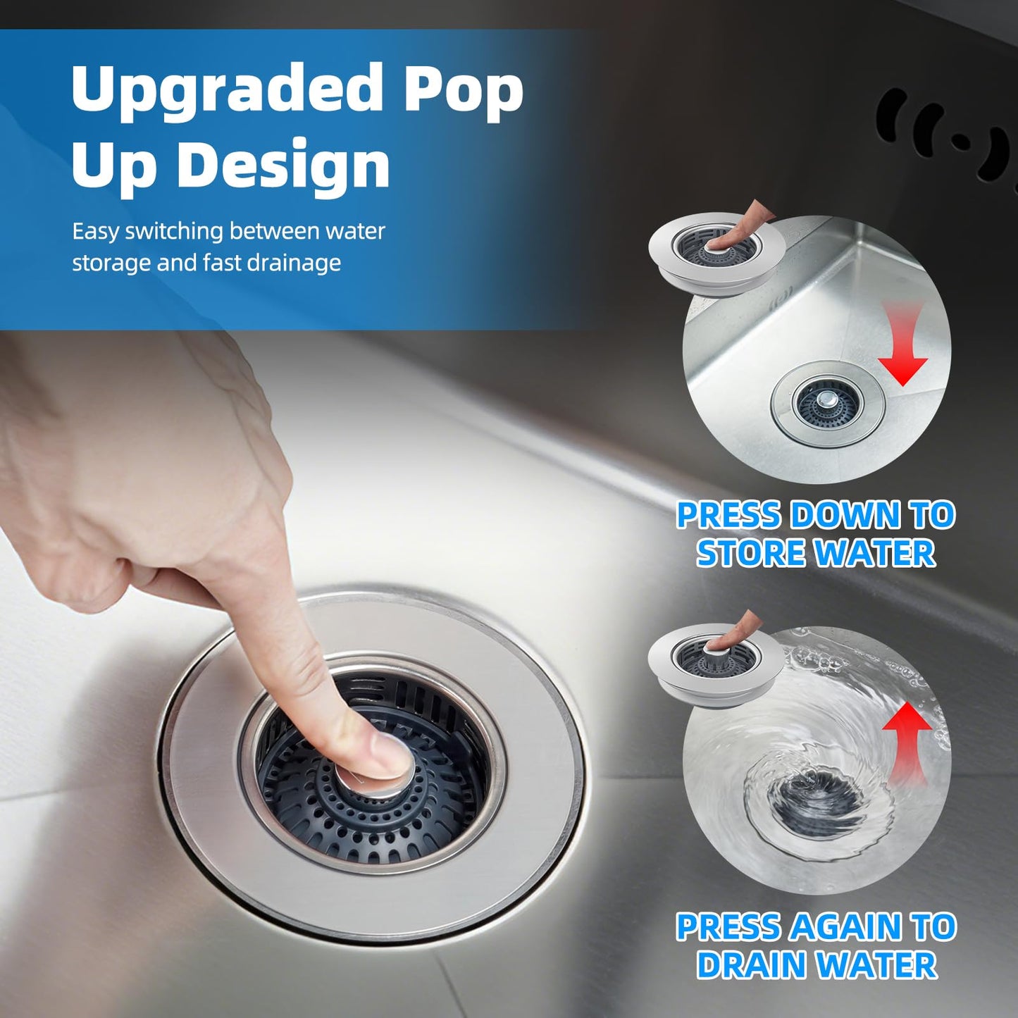 Hibbent Upgraded 3 in 1 Kitchen Sink Drain Strainer, Stainless Steel Pop Up Sink Stopper, Larger Anti-Clogging Basket, 3-Layer Seal, Detachable Drain Plug for US Standard 3-1/2" Drain, Brushed Nickel