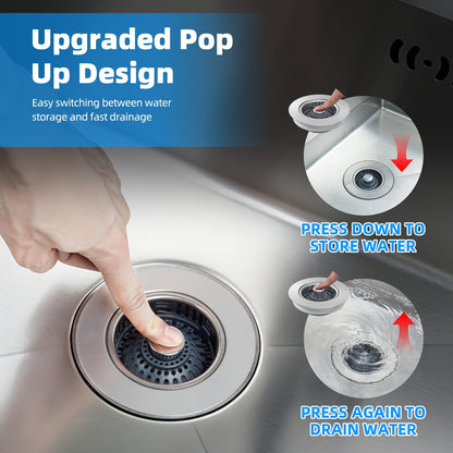 Hibbent Upgraded 3 in 1 Kitchen Sink Drain Strainer, Stainless Steel Pop Up Sink Stopper, Larger Anti-Clogging Basket, 3-Layer Seal, Detachable Drain Plug for US Standard 3-1/2" Drain, Brushed Nickel