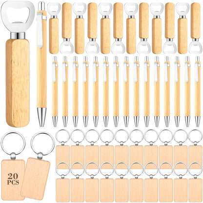 SiliFine 60 Pcs Laser Blanks Product Laser Engraving Material Kit Including DIY Wooden Blank Bottle Opener, Wooden Keychain, and Bamboo Pen for Kitchen Wedding Party Bar Home Craft