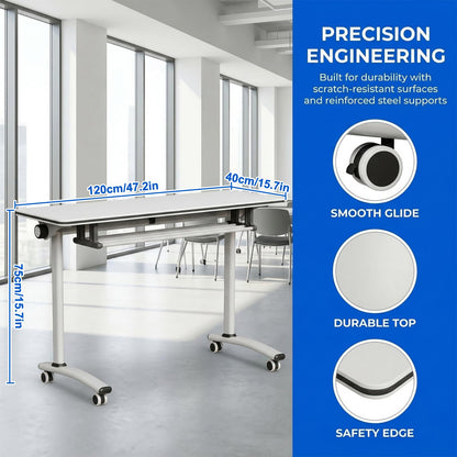 Conference Room Table, Foldable Flip Top Mobile Training Table with Wheels, 47.2 Inch Modern Rectangular Meeting Seminar Desk, Waterproof Metal Frame for Office, Classroom & Boardroom