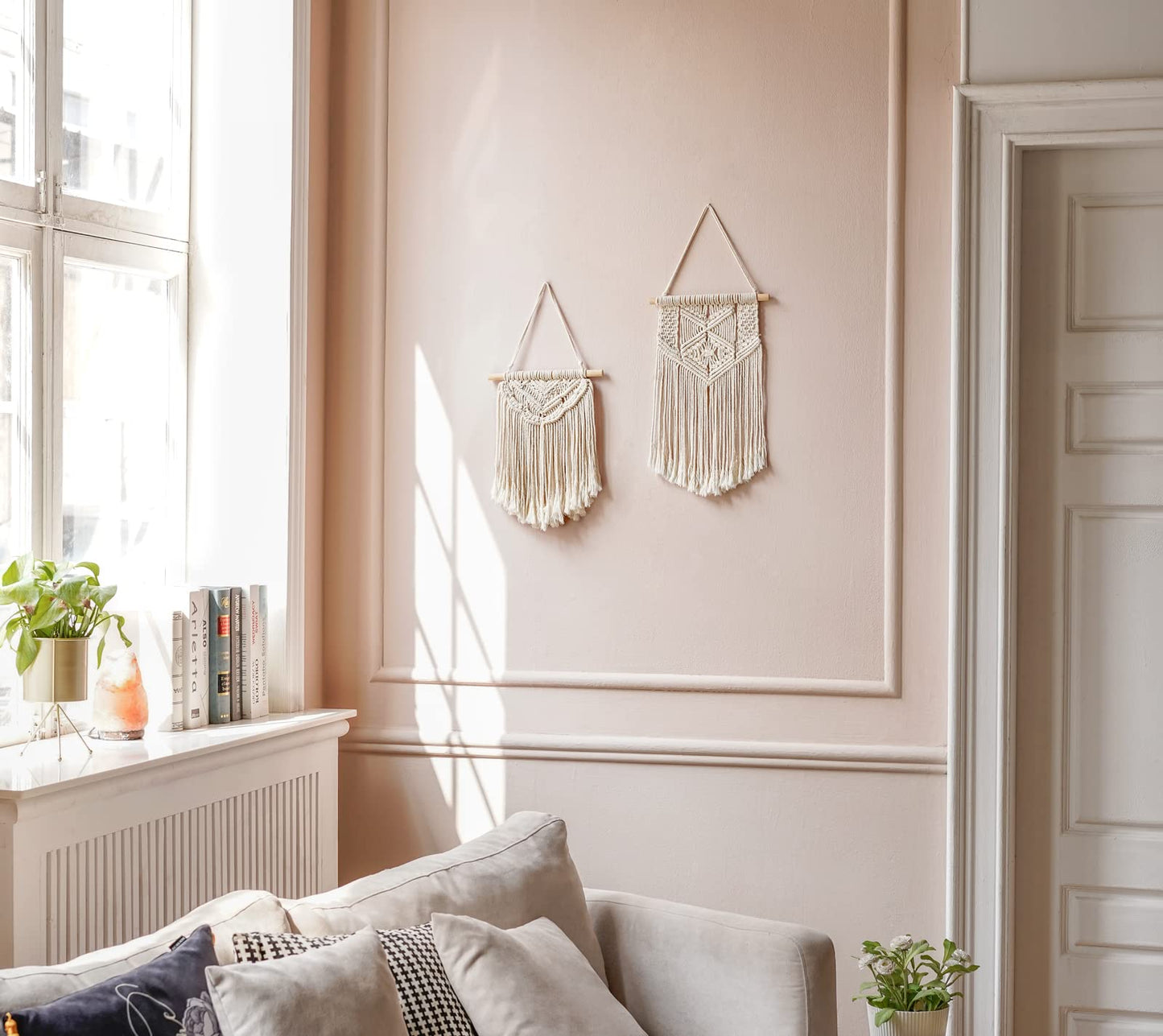 Mkono 2 Pcs Macrame Wall Hanging Boho Wall Art Decor Woven Chic Bohemian Room Decor for Bedroom Nursery Living Room Dorm Apartment, Small Size 13" L x 10" W and 16" L x 10" W