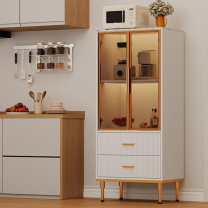 Fluted Glass Door Storage Cabinet - Modern White Display Cabinet with Adjustable Shelves & 2 Drawers for Kitchen Pantry or Living Room Organization(White)