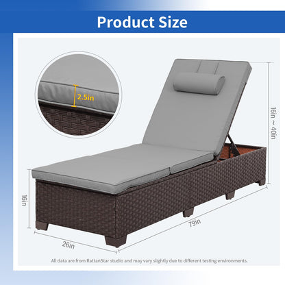 Rattan Star Brown Wicker Patio Chaise Lounge Chairs Set of 2 Outdoor Chaise Lounge Pool Lounge Chairs Poolside Recliner Chairs with Grey Cushions and Headrest