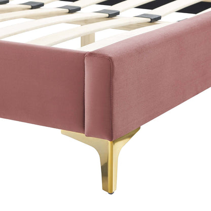 Modway Alexandria Tufted Performance Velvet Twin Platform Bed in Dusty Rose with Gold Legs