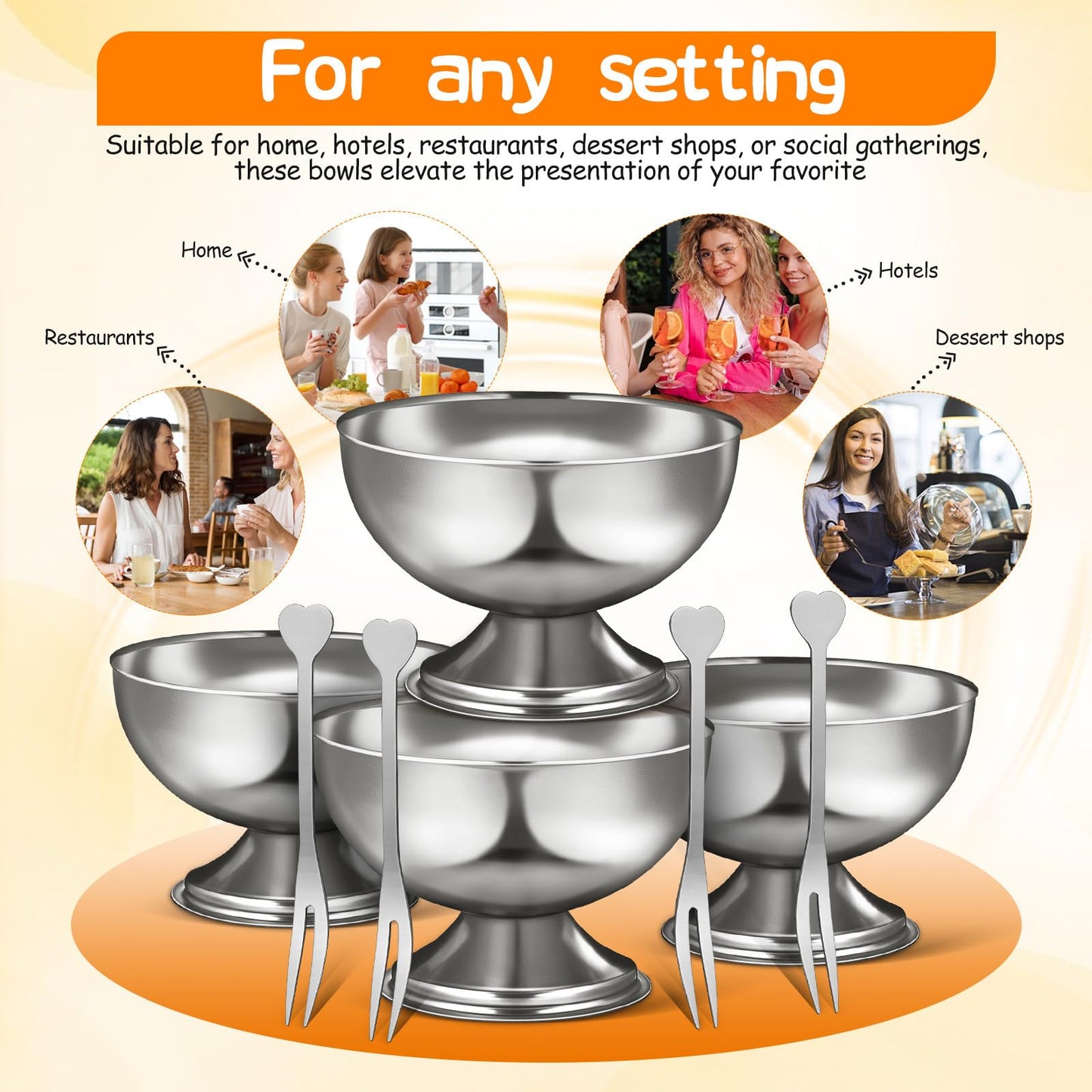 TOYANDONA 4pcs Stainless Steel Footed Dessert Bowls with Forks - Thickened Japanese-style Ice Cream Cups Silver Serving Bowls for Sundae Parfait Yogurt Pudding Salad Fruit, Home Kitchen & Restaurant