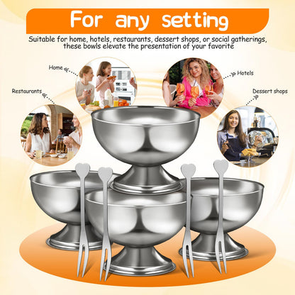 TOYANDONA 4pcs Stainless Steel Footed Dessert Bowls with Forks - Thickened Japanese-style Ice Cream Cups Silver Serving Bowls for Sundae Parfait Yogurt Pudding Salad Fruit, Home Kitchen & Restaurant