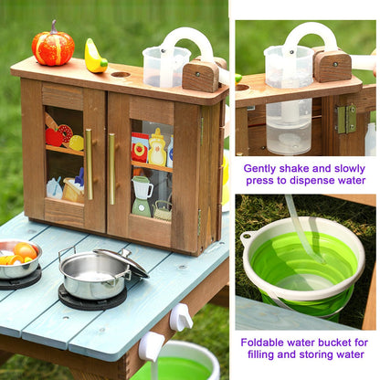 Kids Wooden Picnic Table with Water Table & Play Kitchen, 2-in-1 Outdoor Sand & Water Table with Ramp, Toddler Picnic Table for Backyard, Patio, Garden