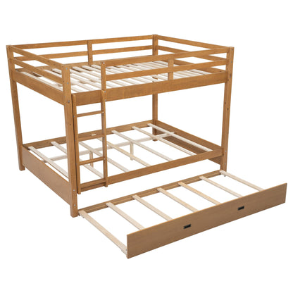 Bellemave Queen Over Queen Size Bunk Bed with Trundle for Kids/Adults,Solid Wood Bunk Bed Frame Queen Size with Ladder & Safety Guardrails,Wood Color