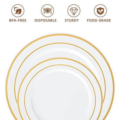 QualQuot 200PCS White Plastic Plates with Gold Rim, Disposable Heavy Duty Plastic Plate, 100 Dinner and 100 Dessert Plates for Party and Wedding