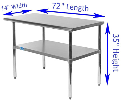 AmGood Stainless Steel Work Table with Undershelf | Food Prep NSF | Utility Work Station | (72" Length X 14" Width)