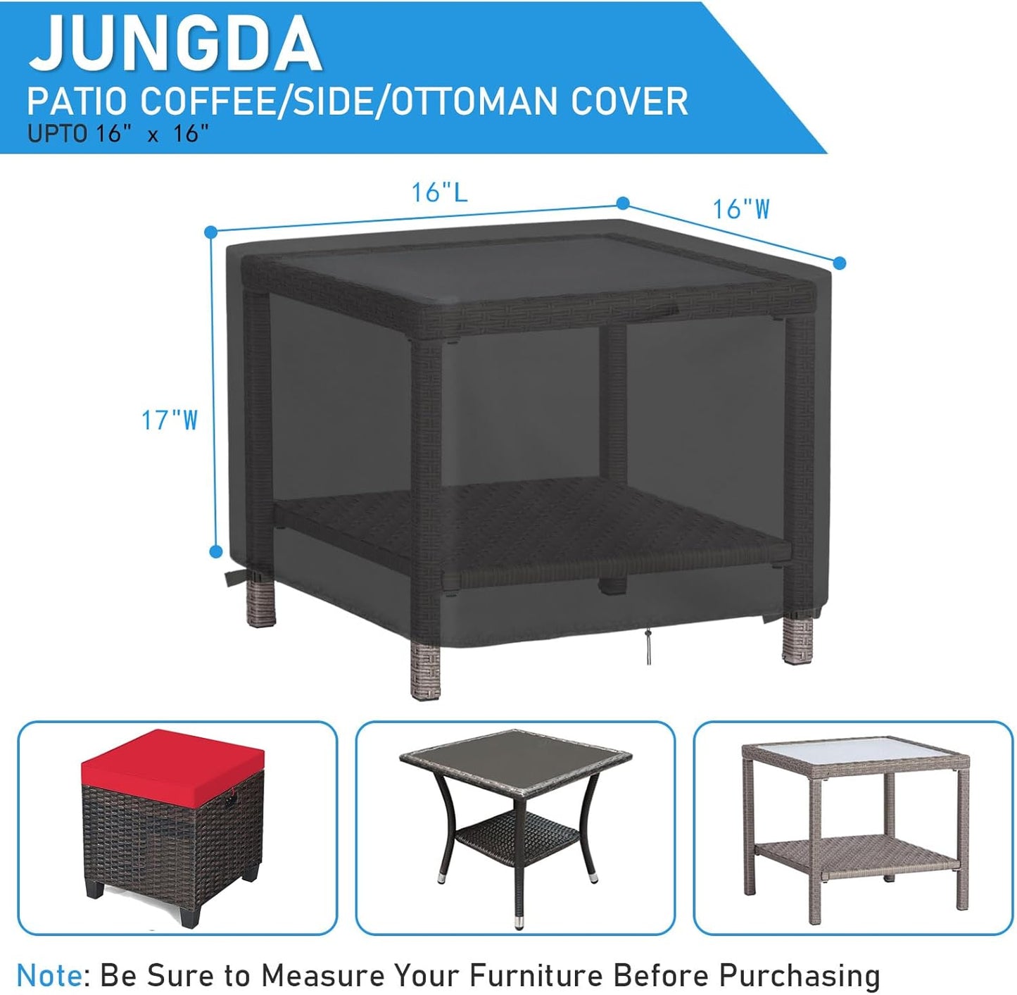 16 Inch, 16 16 17 Inch Patio Ottoman Cover Square Waterproof Outdoor Side Table Furniture Covers, Heavy Duty Outdoor
