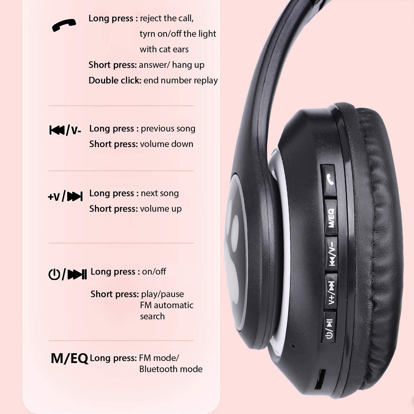 TCJJ Kids Wireless Headphones - Cat Ear LED Light Up, Bluetooth 5.4, Safe Volume Limit, Noise Cancelling with Mic & TF Card for Girls Boys Toddlers School (Black)